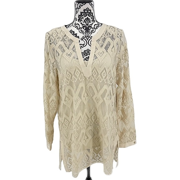 NWT Sigrid Olsen Signature Beige Sheer Tunic Long Sleeve Boho Resort Blouse, L - Picture 1 of 14